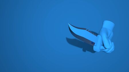 The hand holds a large knife, a dagger. Illustration gesture threat, robbery, crime, murder. Stylish minimal abstract horizontal scene, place for text. Trendy classic blue color. 3D renderingの写真素材