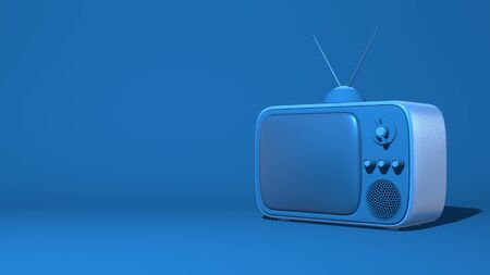 Retro tv with antenna. Illustration in cartoon style, toy. Stylish minimal abstract horizontal scene, place for text. Trendy classic blue color. 3D renderingの写真素材