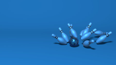 Bowling strike hit. Skittles fly from the ball. Stylish minimal abstract horizontal scene, place for...