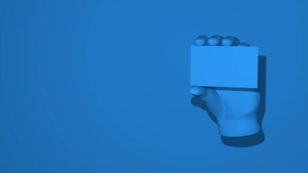 Hand holds a blank card mockup. Illustration gesture show warning. Stylish minimal abstract horizontal scene, place for text. Trendy classic blue color. 3D renderingの写真素材