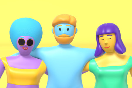 3D rendering cartoon characters guy hugs two girls in a swimsuit with blue, pink, purple skin on a...