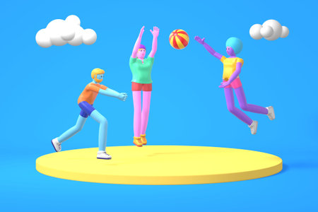 3D rendering cartoon characters a guy and two girls with blue, pink, purple skin play a volleyball ball. Minimal sea beach concept. Bright color illustration.の写真素材