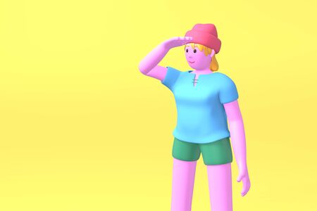 3D rendering cartoon character young hipster girl in a red hat and blue t-shirt holding his hand looking into the distance on a yellow background. Minimal search concept, gather news. Bright color illustration.の写真素材