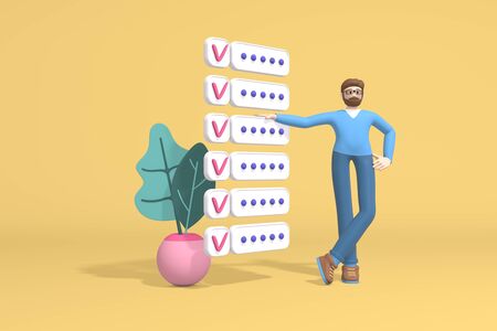 3d rendering character of a young guy with a beard, a student or businessman is successfully planning an organization of work. Abstract minimal trendy cartoon disproportionate body man concept.の写真素材