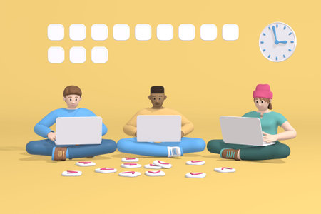 3d rendering group of three young multinational men and a hipster girl, student, schoolboy or...