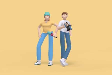 3D rendering character a guy with a video camera and a girl with a microphone. Abstract minimal concept. News gathering, sensation search, journalist, reporter.の写真素材