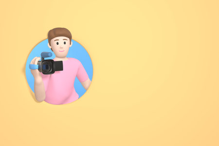 3D rendering character girl young guy with a video camera on a yellow background. Abstract minimal...