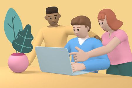 3D rendering character young guys and a girl working in a laptop. Abstract minimal concept. News...
