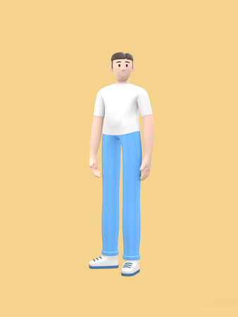 Young cheerful guy is standing in a free pose. Positive character in casual colored clothes on a...