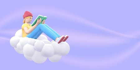 Literature fan young hipster girl in a hat in the sky on a cloud reads a book. Funny, abstract...