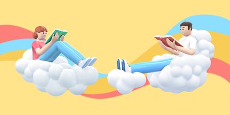 Literature fan a young guy and a girl in the sky on a cloud are reading a book. Funny, abstract cartoon people on a yellow background with colored waves. 3D rendering.の写真素材