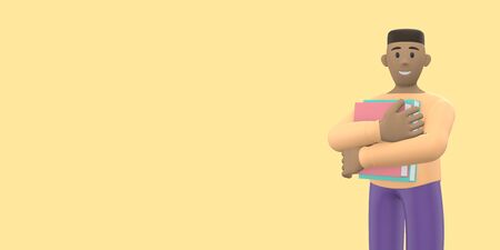 Literature fan character a young african guy holding books in his hands. Funny, abstract cartoon people isolated on a yellow background. 3D rendering.の写真素材