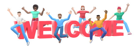The word welcome on a white background. Group of young multicultural happy people jump and dance...