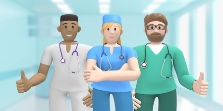 Happy multinational group of doctors in the medical interior, thumb up, success, luck, good, like....