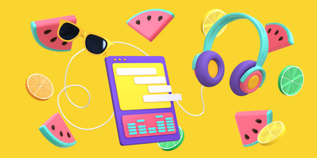 Abstract summer background with cartoon tablet, headphones, sunglasses, fruits, watermelon, citrus...