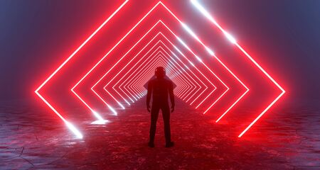 3d rendering fantastic silhouette of a lonely man in a helmet in front of luminous neon red rhombuses, portal squares, teleport. Concept sci-fi game, alien city, station.の写真素材
