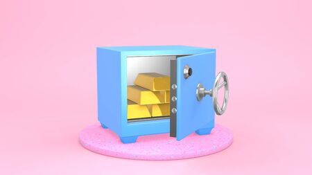 3d rendering a blue safe on a pink platform, a door opens, it is filled with gold bars. Bank, business, financial institution, digital marketing advertising motion animationの写真素材