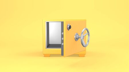 3d rendering yellow, the golden empty safe open, the door close. Advertising bank, business, financial organization, digital marketing. Funny design, cartoon style joke.の写真素材
