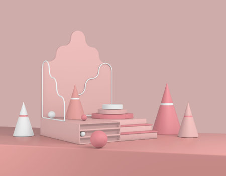 Abstract coral product showcase. Pastel red stand advertising copy space, minimal geometric shapes....
