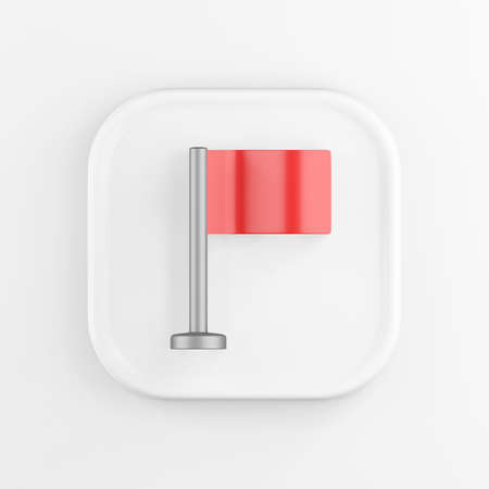 3D rendering square white button icon, red table flag, isolated on white backgroundの写真素材