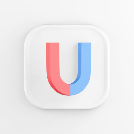 3D rendering of a white square icon button. Horseshoe magnet blue and red isolated on white backgroundの写真素材