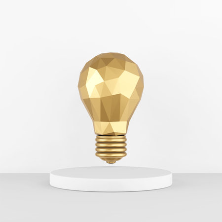 The icon is a low-poly gold light bulb on a white pedestal. 3D renderingの写真素材