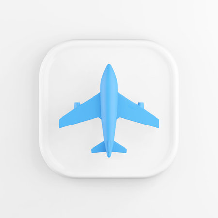 3d rendering square white icon button key blue plane isolated on white background