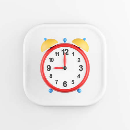 3D rendering square white button icon, vintage red alarm clock, isolated on white backgroundの写真素材
