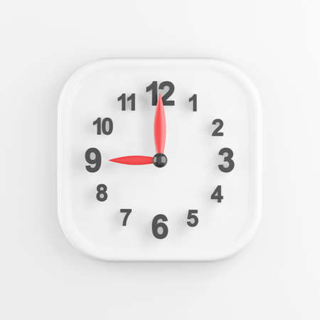 3D rendering square white button icon, modern wall clock isolated on white backgroundの写真素材