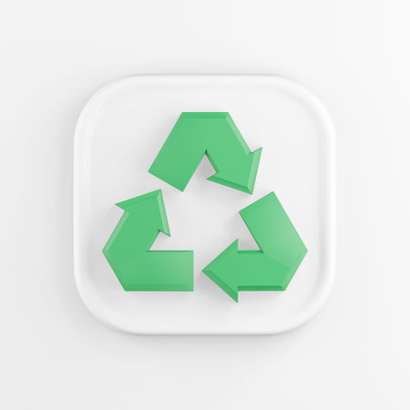 3d rendering square white icon button key green recycling symbol isolated on white