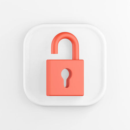 3D rendering of a white square icon button. Red open padlock Isolated on white backgroundの写真素材