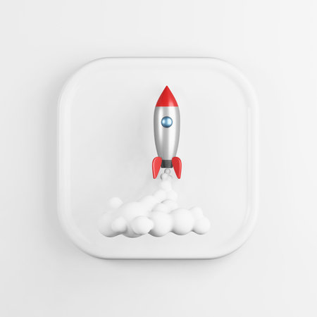 Space rocket launch icon. 3D rendering white square button key, interface elementの写真素材