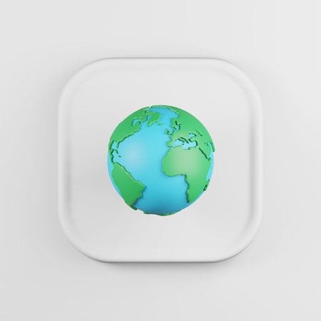 Globe icon cartoon style. 3d rendering white square key button, interface ui ux elementの写真素材