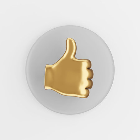 Golden palm icon with thumb up. 3d rendering gray round key button, interface ui ux element