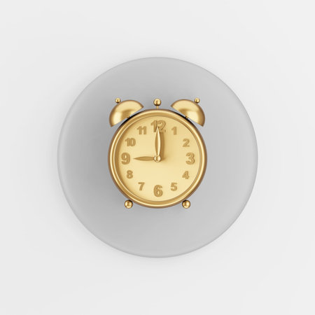 Golden vintage alarm clock icon. 3d rendering gray round key button, interface ui ux elementの写真素材