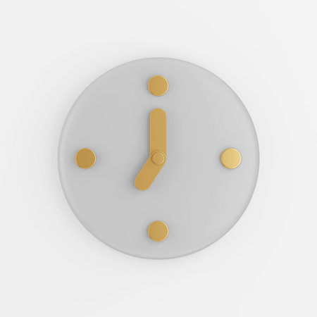 Wall clock icon with gold arrows. 3d rendering gray round key button, interface ui ux element