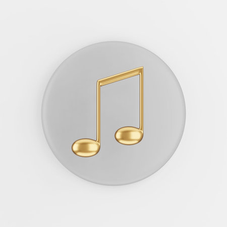 Gold musical note icon in cartoon style. 3d rendering gray round button key, interface ui ux element
