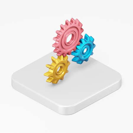 Multicolored gears icon. 3d rendering square button key isometric view, interface ui ux elementの写真素材