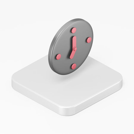 Black wall clock icon with red arrows. 3d rendering square button key isometric view, interface ui...