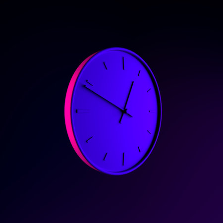 Wall round clock neon icon. 3d rendering ui ux interface element. Dark glowing symbol