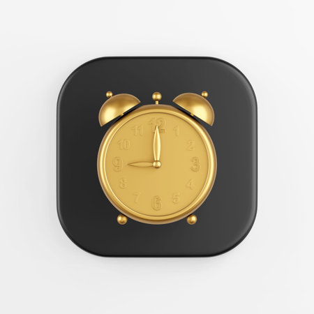 Golden vintage alarm clock icon. 3d rendering of black square key button, interface ui ux elementの写真素材