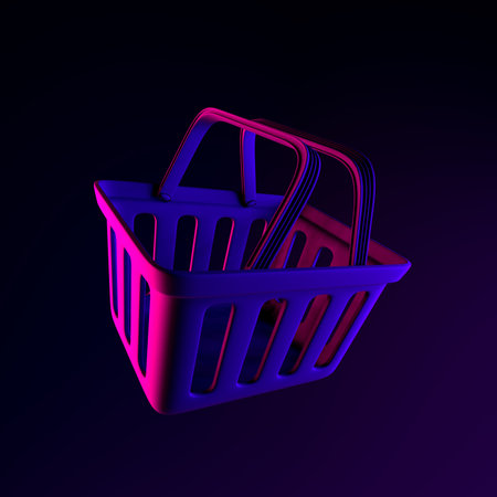 Supermarket shopping basket neon icon. 3d rendering ui ux interface element. Dark glowing symbol