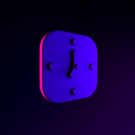 Neon wall square clock icon. 3d rendering ui ux interface element. Dark glowing symbol