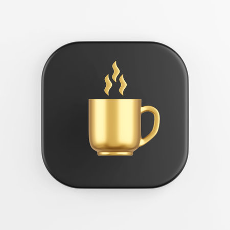 Icon gold mug and waves of steam, coffee break. 3d rendering black square key button, interface ui ux elementの写真素材