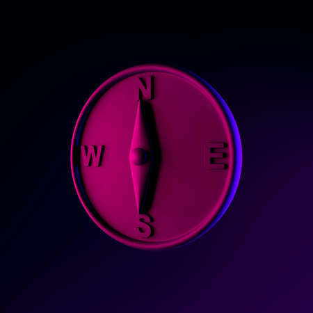 Magnetic compass neon icon. 3d rendering ui ux interface element. Dark glowing symbolの写真素材