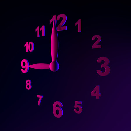 Neon wall clock icon. 3d rendering ui ux interface element. Dark glowing symbolの写真素材
