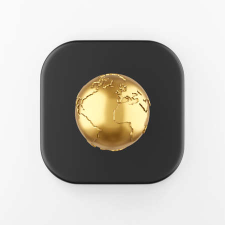 Golden globe icon in cartoon style. 3d rendering black square button key, interface ui ux elementの写真素材