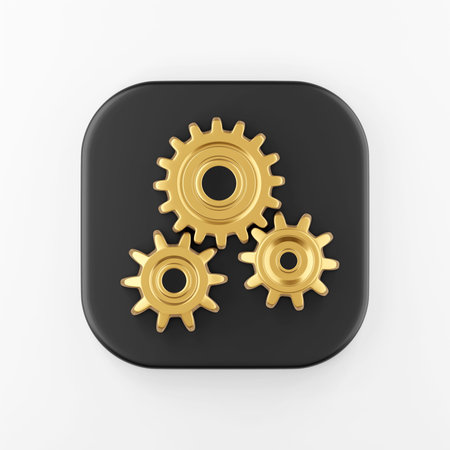Golden gears icon. 3d rendering black square button key, interface ui ux element