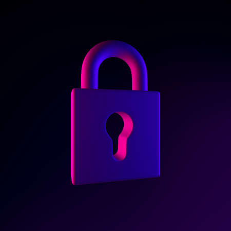 Closed padlock neon icon. 3d rendering ui ux interface element. Dark glowing symbolの写真素材