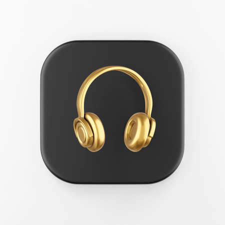 Gold headphones icon. 3d rendering black square key button, interface ui ux elementの写真素材